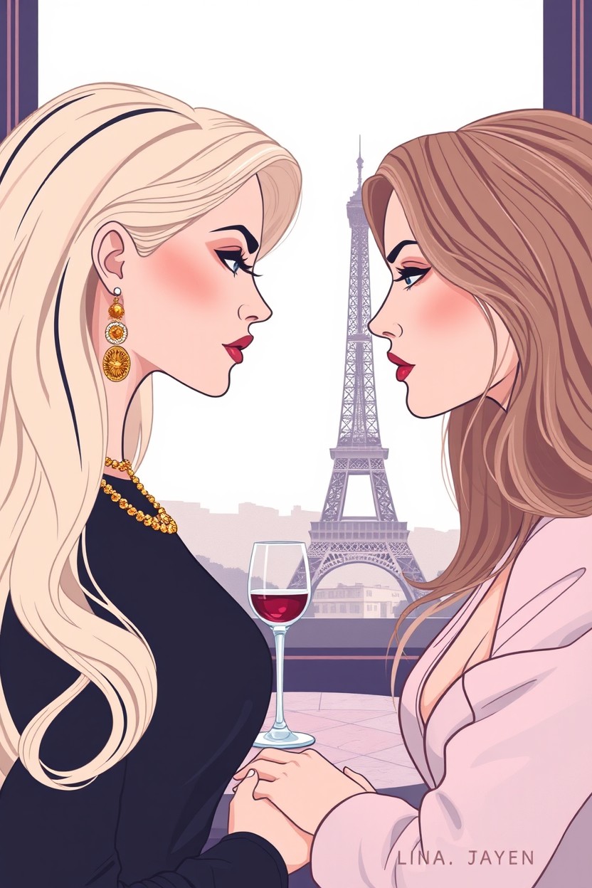 A book cover illustration in a modern pastel psychological thriller style featuring two elegant women in the foreground, facing each other with subtle tension