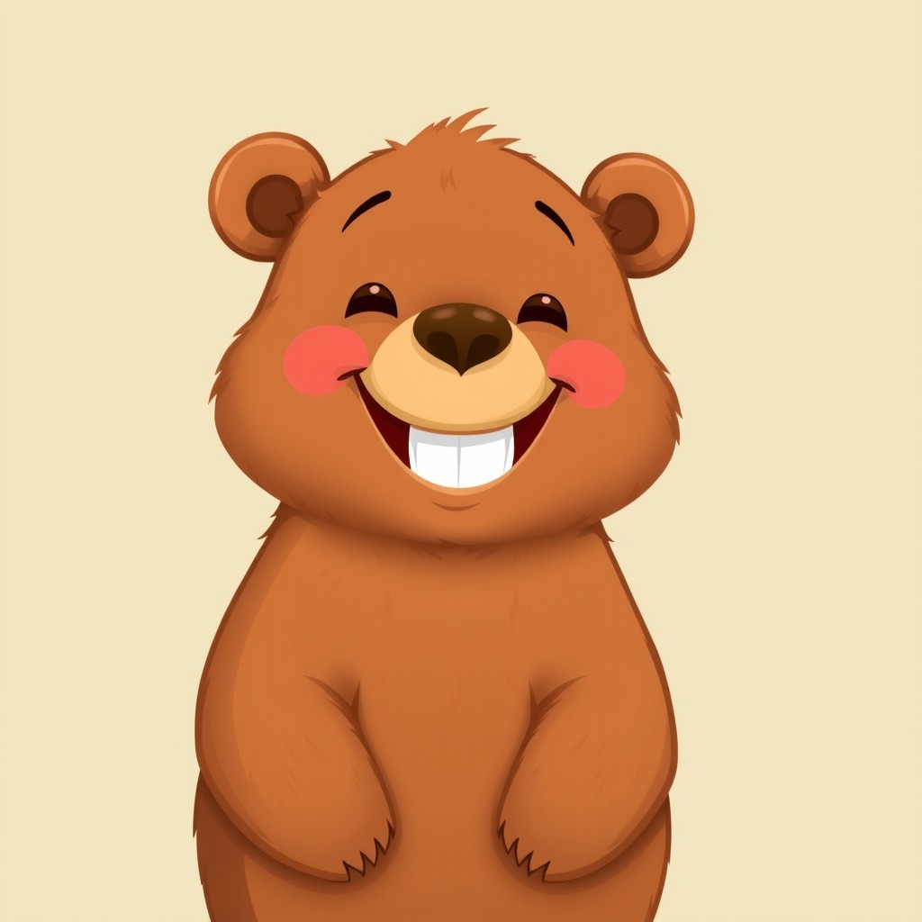 A cheerful brown bear with a bright smile, standing in a relaxed pose