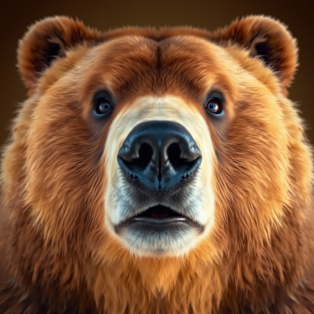 A close-up portrait of a brown bear's face, showcasing its expressive features and bright, friendly eyes