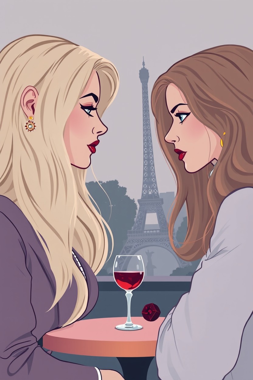 A book cover illustration in a modern pastel psychological thriller style featuring two elegant women in the foreground, facing each other with subtle tension