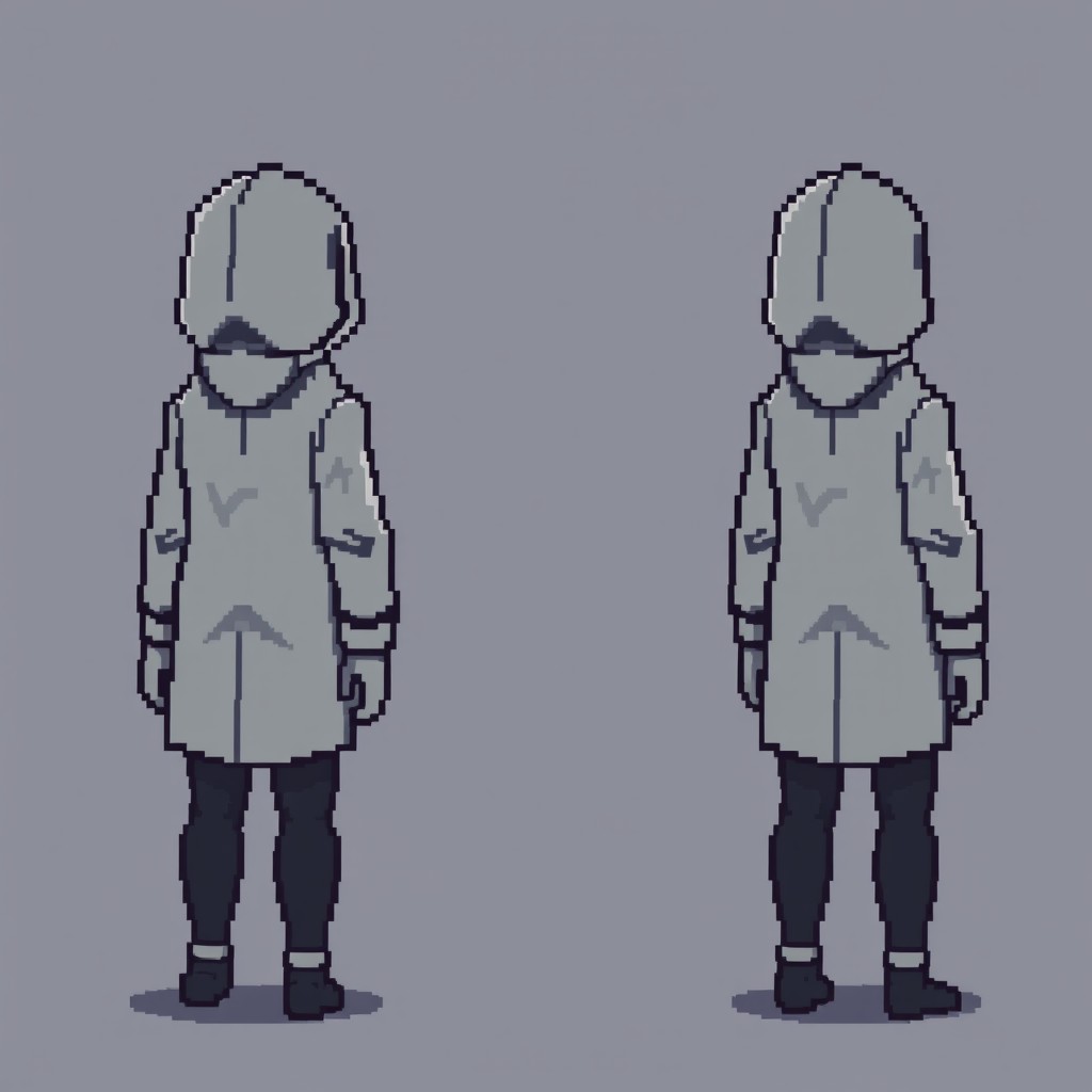 A full-body pixel character depicted from the back, front, right and left sides