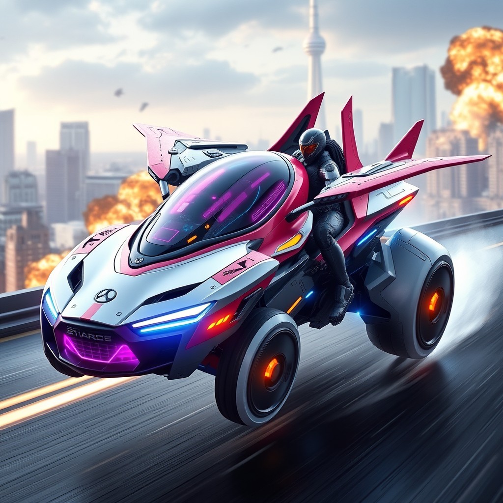 A futuristic superhero vehicle that combines sleek design with advanced combat, flight, and automobile capabilities