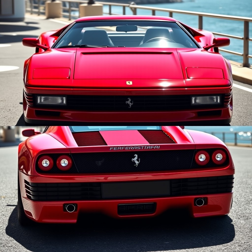 A modified Ferrari Testarossa, featuring the front end design of a Ferrari 458 Italia seamlessly integrated with the rear end characteristics of a Ferrari SF90