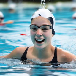 An action shot of a 15-year-old girl in mid-stroke while swimming competitively, her fans cheering excitedly in the background.