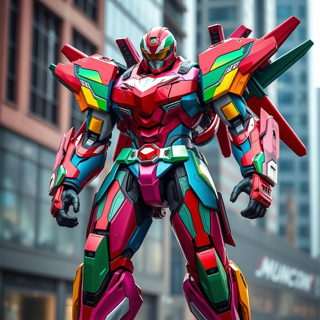 An impressive superhero mech suit designed for combat and flight, featuring a vibrant color scheme inspired by Power Rangers