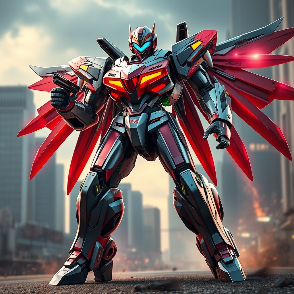 A powerful superhero mech suit designed for both combat and flight, showcasing a sleek and armored exterior with high-tech enhancements