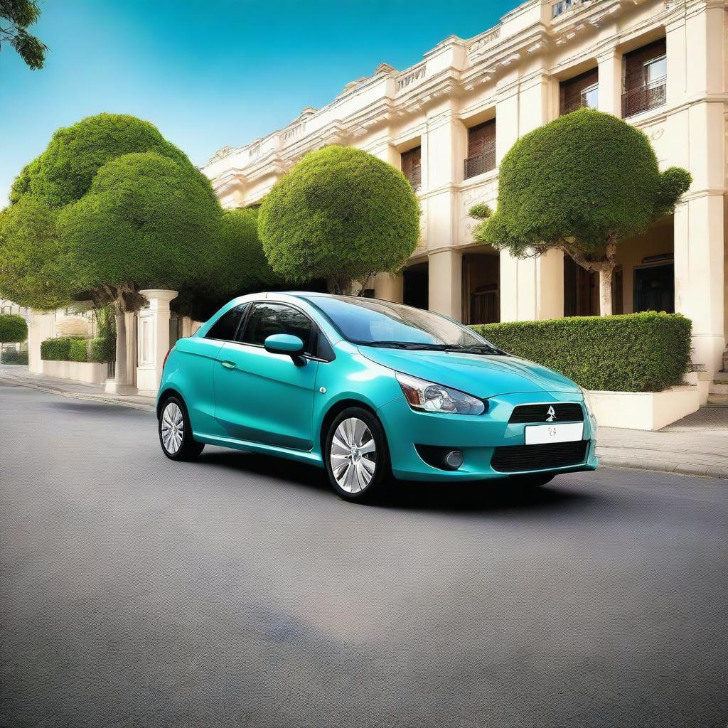 An exquisite, high-resolution photograph showcasing a Mitsubishi Colt CZC convertible painted in a vibrant shade of turquoise