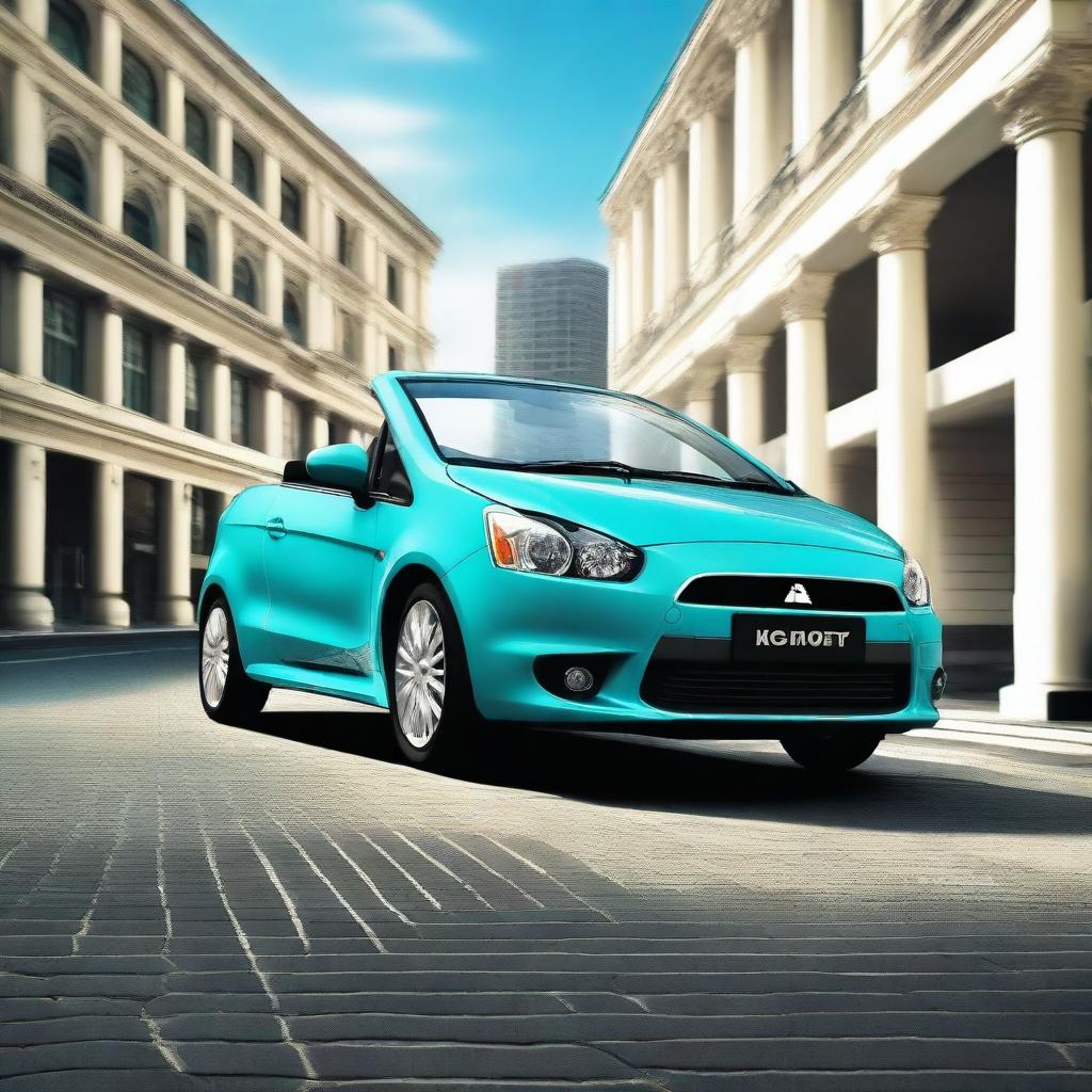 An exquisite, high-resolution photograph showcasing a Mitsubishi Colt CZC convertible painted in a vibrant shade of turquoise