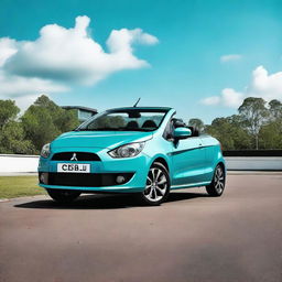 An exquisite, high-resolution photograph showcasing a Mitsubishi Colt CZC convertible painted in a vibrant shade of turquoise