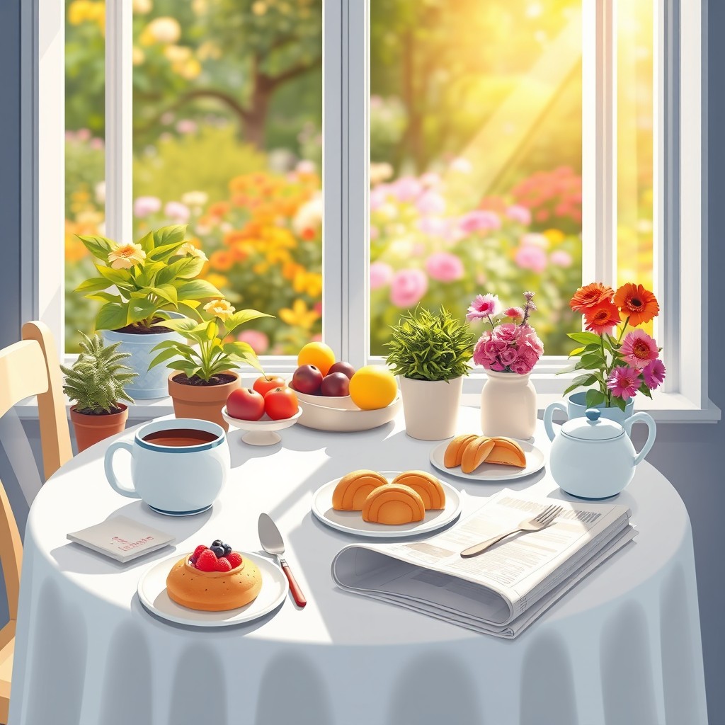 A cozy morning scene illustrating a charming breakfast table filled with delicious pastries, freshly brewed coffee, and a folded newspaper, all illuminated by gentle sunlight streaming through a window