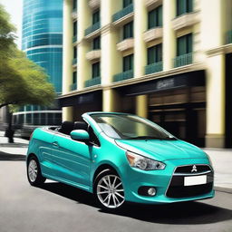 An exquisite, high-resolution photograph showcasing a Mitsubishi Colt CZC convertible painted in a vibrant shade of turquoise