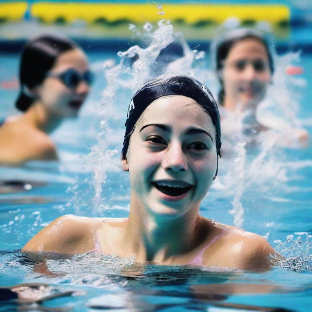 An action shot of a 15-year-old girl in mid-stroke while swimming competitively, her fans cheering excitedly in the background.