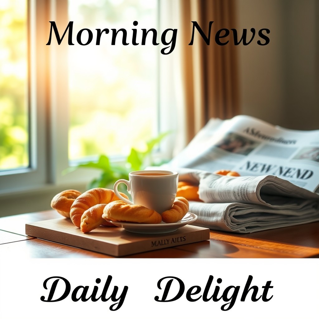 A visually appealing image capturing a cozy breakfast scene set on a wooden table, featuring a steaming cup of coffee, a selection of fresh pastries, and a daily newspaper