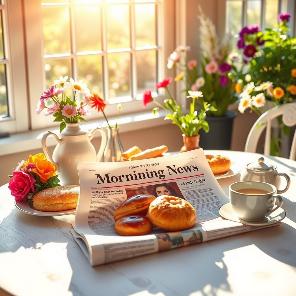A vibrant and welcoming morning scene depicting a sunny breakfast table with fresh pastries, coffee, and a newspaper titled 'Morning News and Daily Delight' prominently displayed