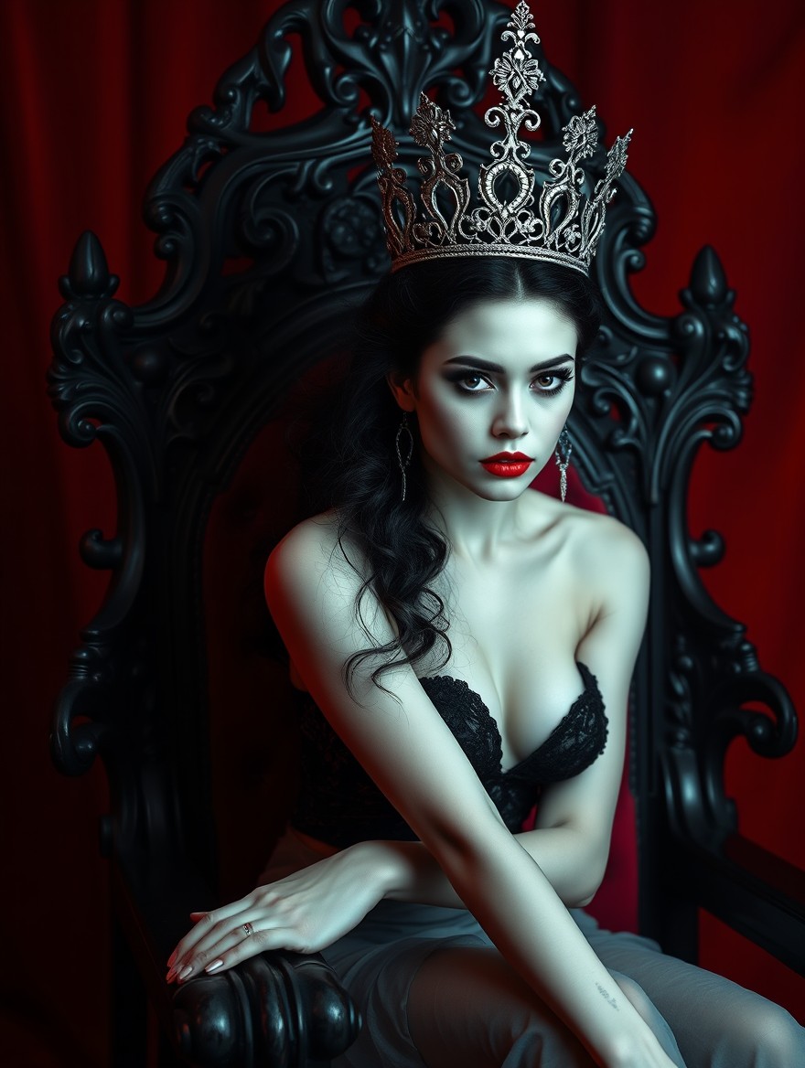 A dark romance scene featuring a woman with porcelain white skin and hypnotic beauty
