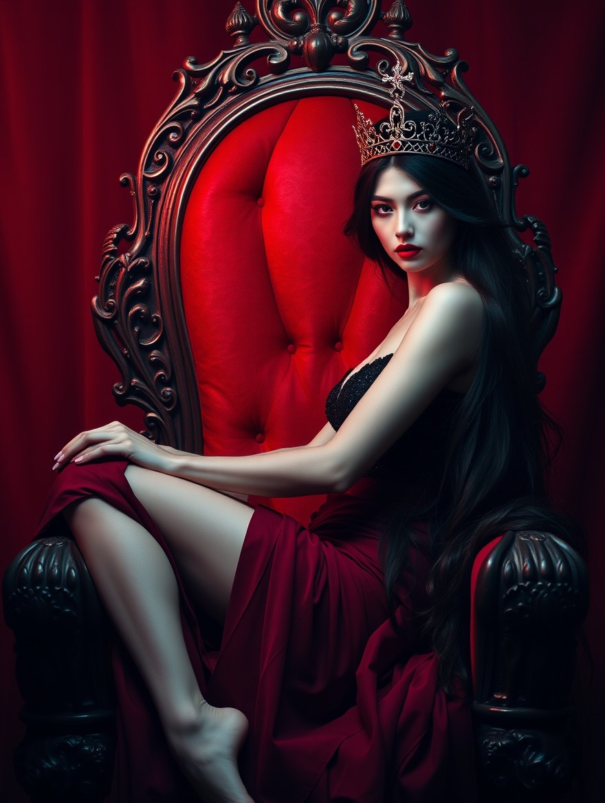 A dark romance scene set against a very dark crimson background, featuring a woman with porcelain white skin and hypnotic beauty