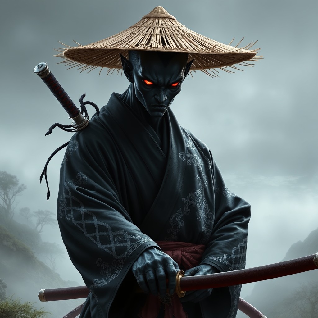 A menacing plasmanoid ronin with sleek black skin and glowing red eyes, dressed in a black kimono adorned with intricate silver elements