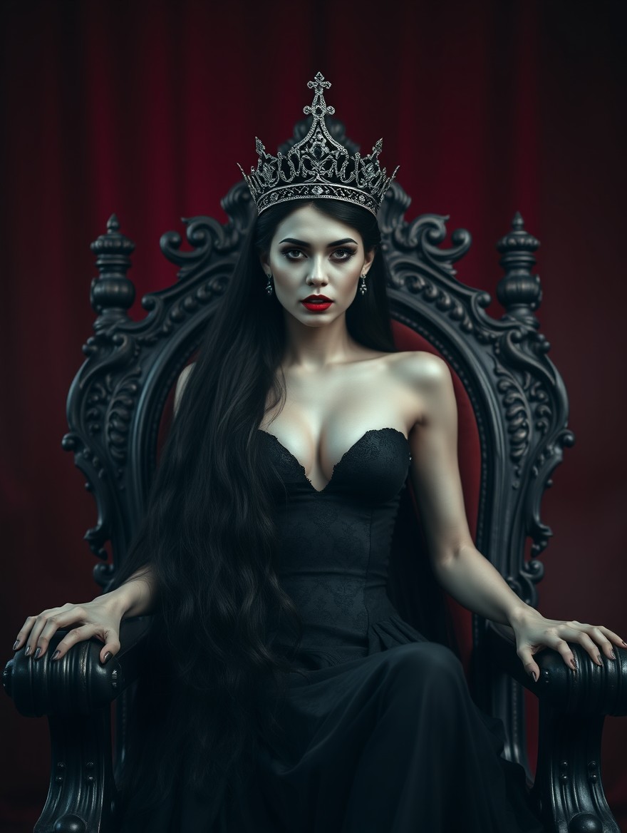 A dark romance scene set against a very dark crimson background