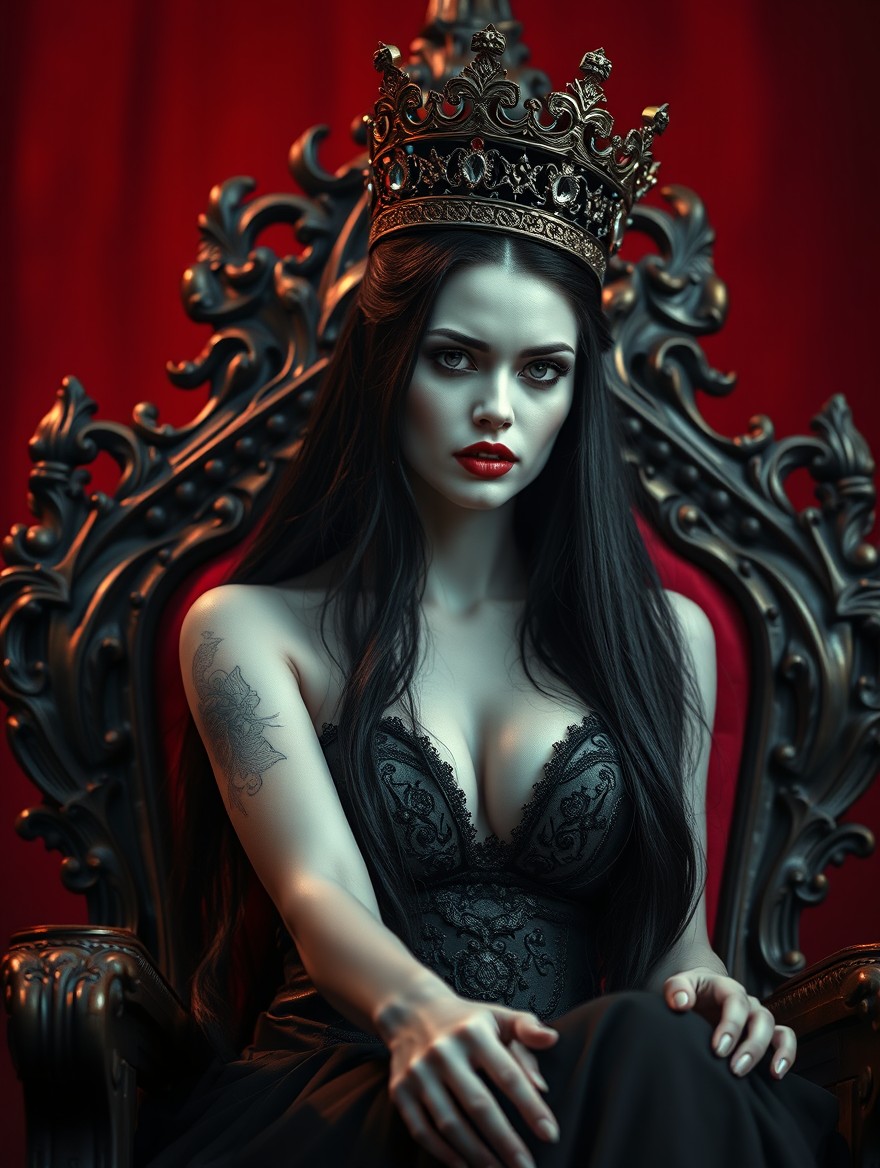 A dark romance scene featuring a woman with porcelain white skin and mesmerizing beauty