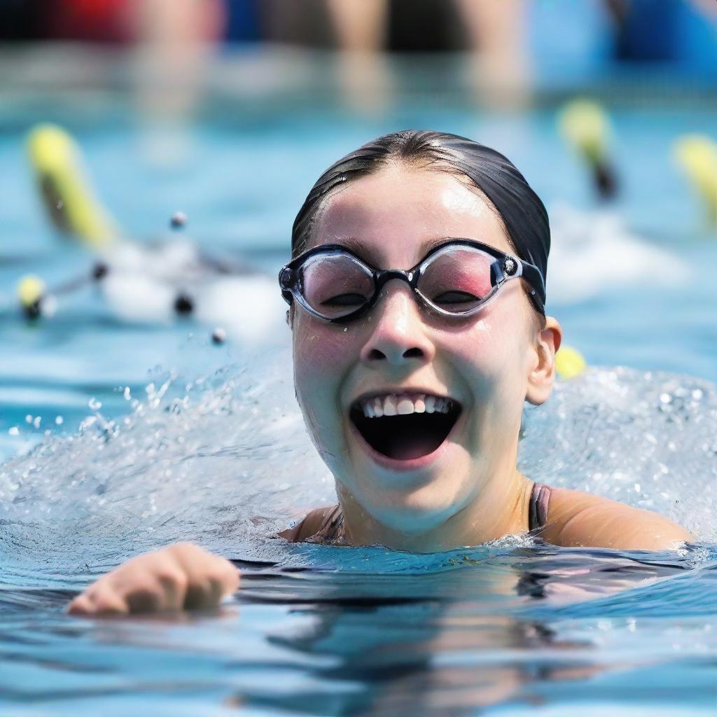 An action shot of a 15-year-old girl in mid-stroke while swimming competitively, her fans cheering excitedly in the background.