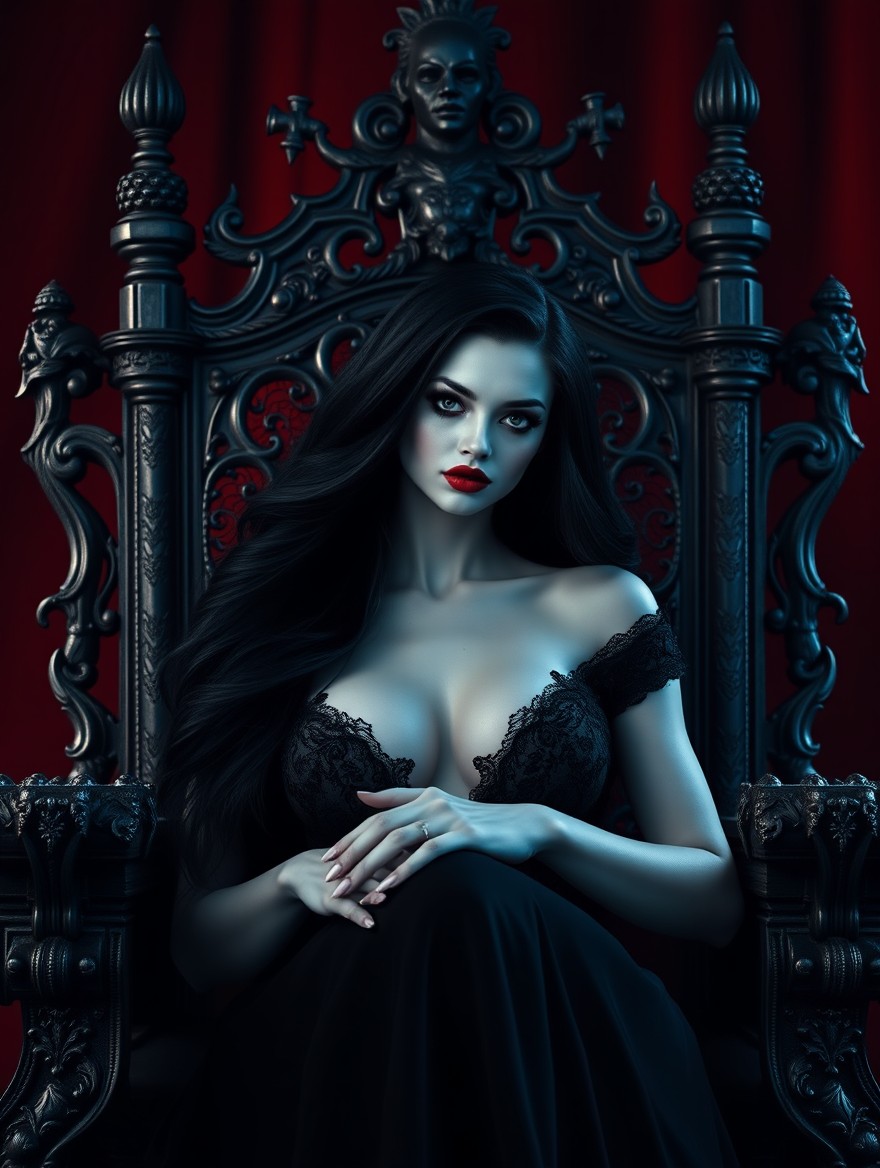 A dark romance scene with a very dark crimson background, featuring a woman with porcelain white skin and hypnotic beauty