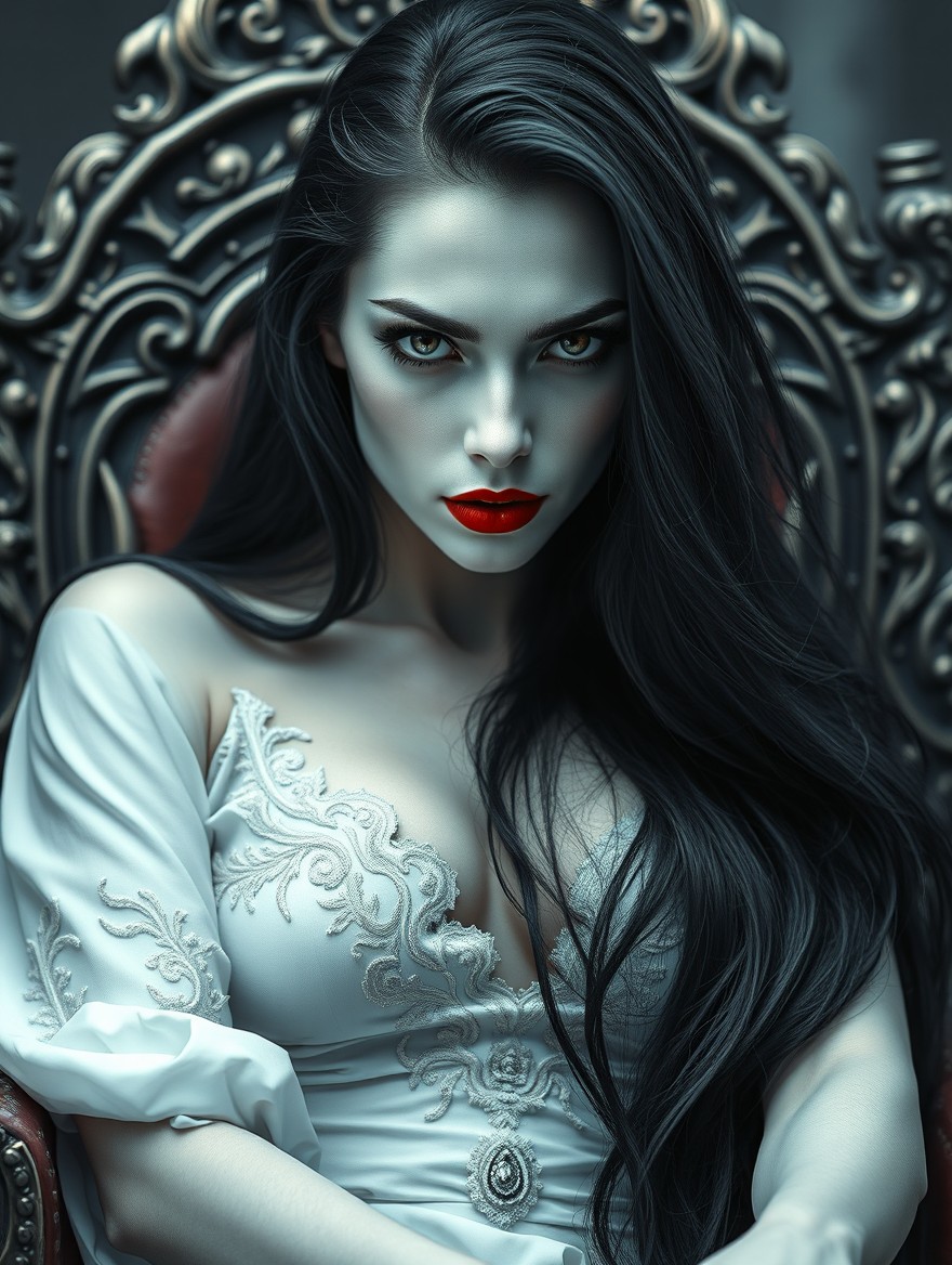 A captivating dark romance scene featuring a woman with porcelain white skin and hypnotic beauty