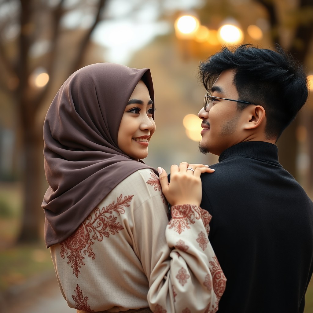 A scene depicting a warm and intimate moment between a man and a Muslim girlfriend standing closely together