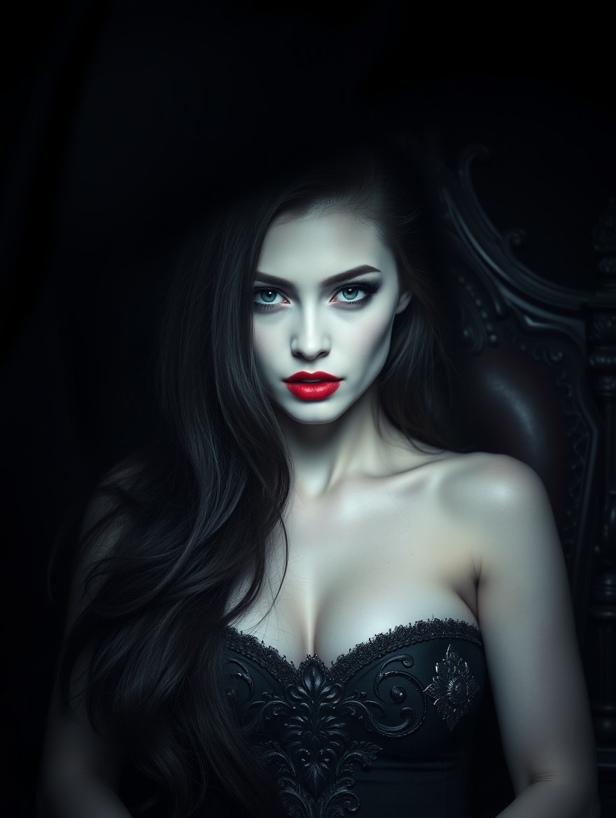 A dark romance scene with the upper section shrouded in deep darkness, contrasting with the lower part where a mesmerizing woman is seated