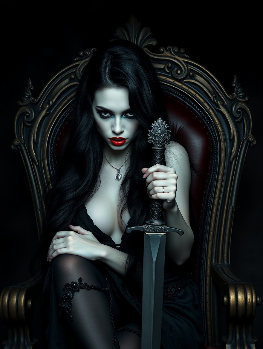 A striking dark romance scene featuring a woman with porcelain white skin, embodying hypnotic beauty
