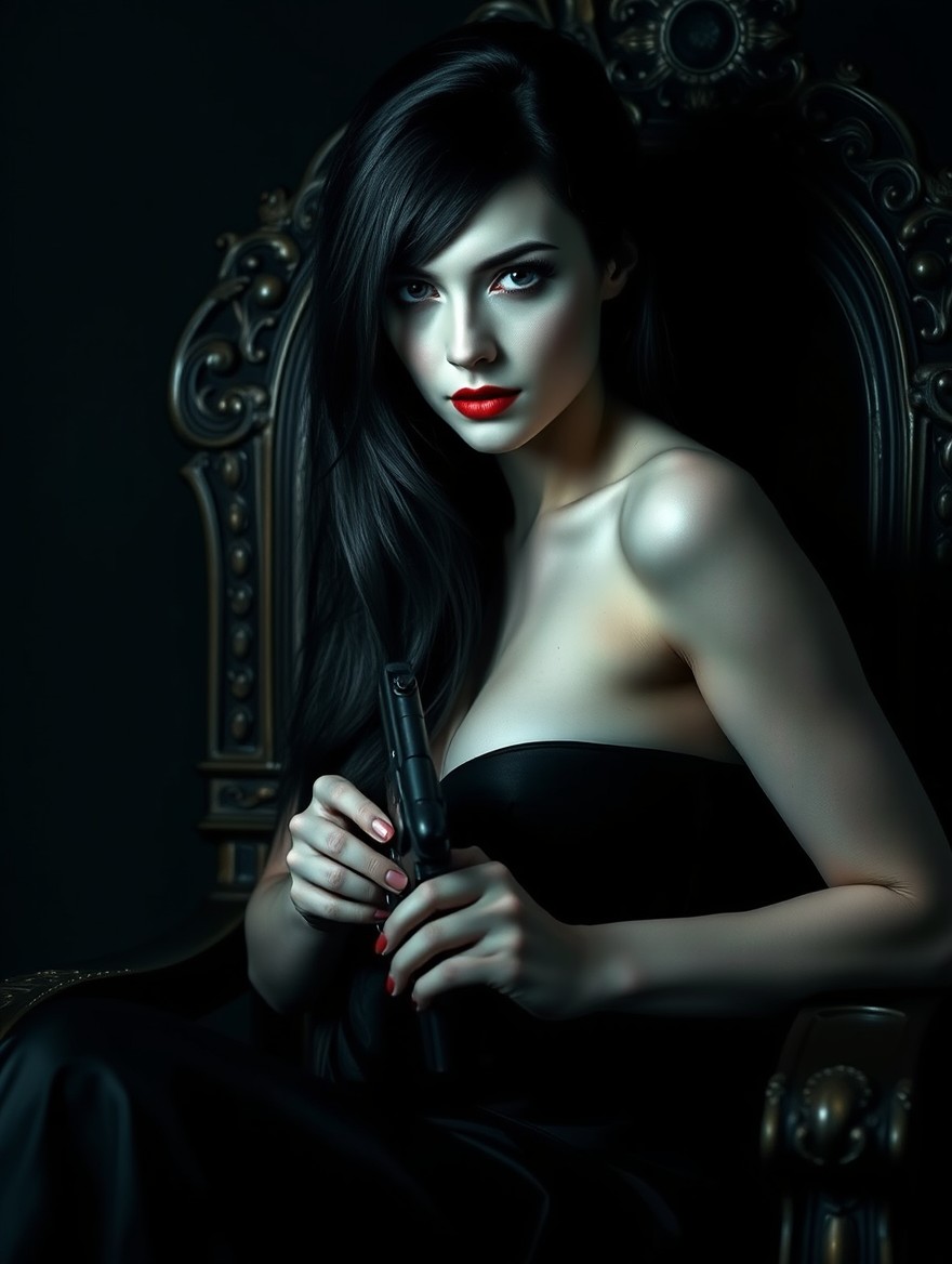 A captivating dark romance scene that features a striking woman with porcelain white skin and hypnotic beauty
