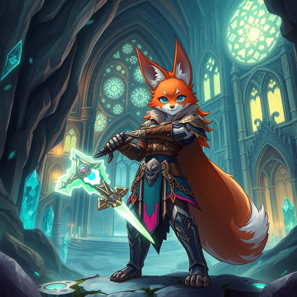 A fox folk character, adorned in eldrich knight armor, stands within an underground city filled with mysterious luminescent crystals and ancient architecture