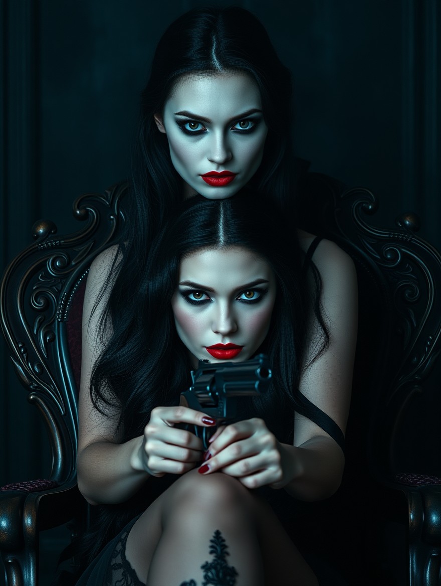 A dark romance scene featuring a captivating woman with porcelain white skin and an enchanting beauty