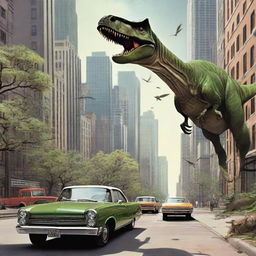 A surreal scene where dinosaurs roam in present-day urban environments. Cars halt as a T-Rex strolls down the city streets, pterodactyls soar among skyscrapers and triceratops graze in a city park.