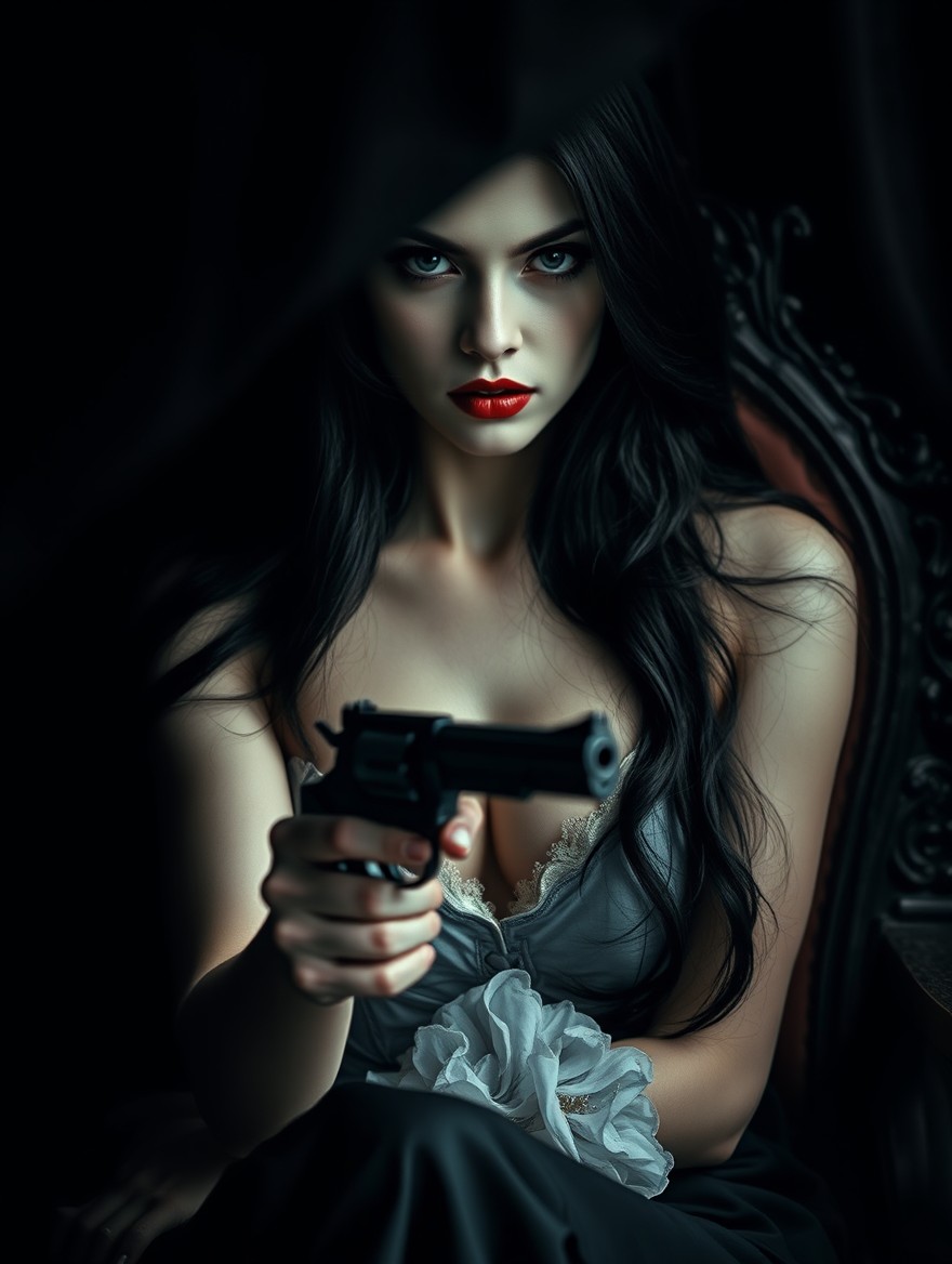 A captivating dark romance scene featuring a woman with strikingly porcelain white skin and an enchanting beauty
