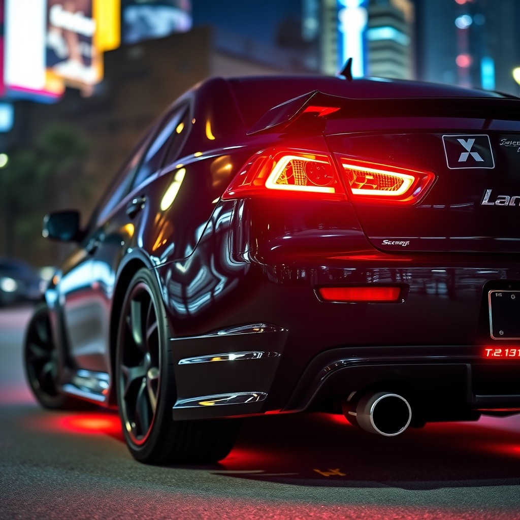 A sleek 2014 Mitsubishi Lancer in black, showcasing its aggressive sporty design
