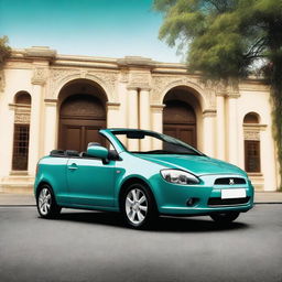 A high-resolution photograph depicts a 2008 Mitsubishi Colt CZC convertible in a stunning shade of turquoise