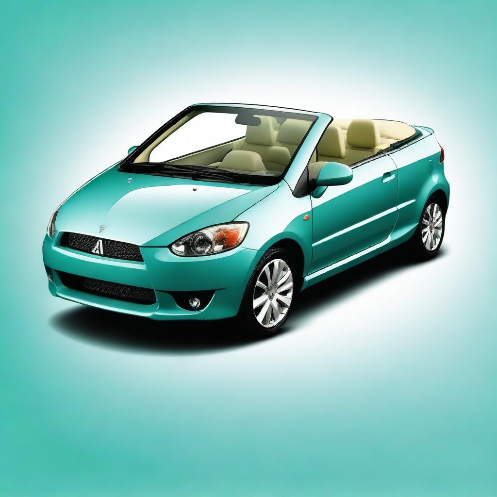 A high-resolution photograph depicts a 2008 Mitsubishi Colt CZC convertible in a stunning shade of turquoise