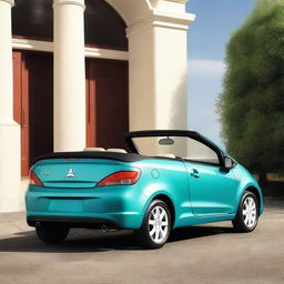 A high-resolution photograph depicts a 2008 Mitsubishi Colt CZC convertible in a stunning shade of turquoise