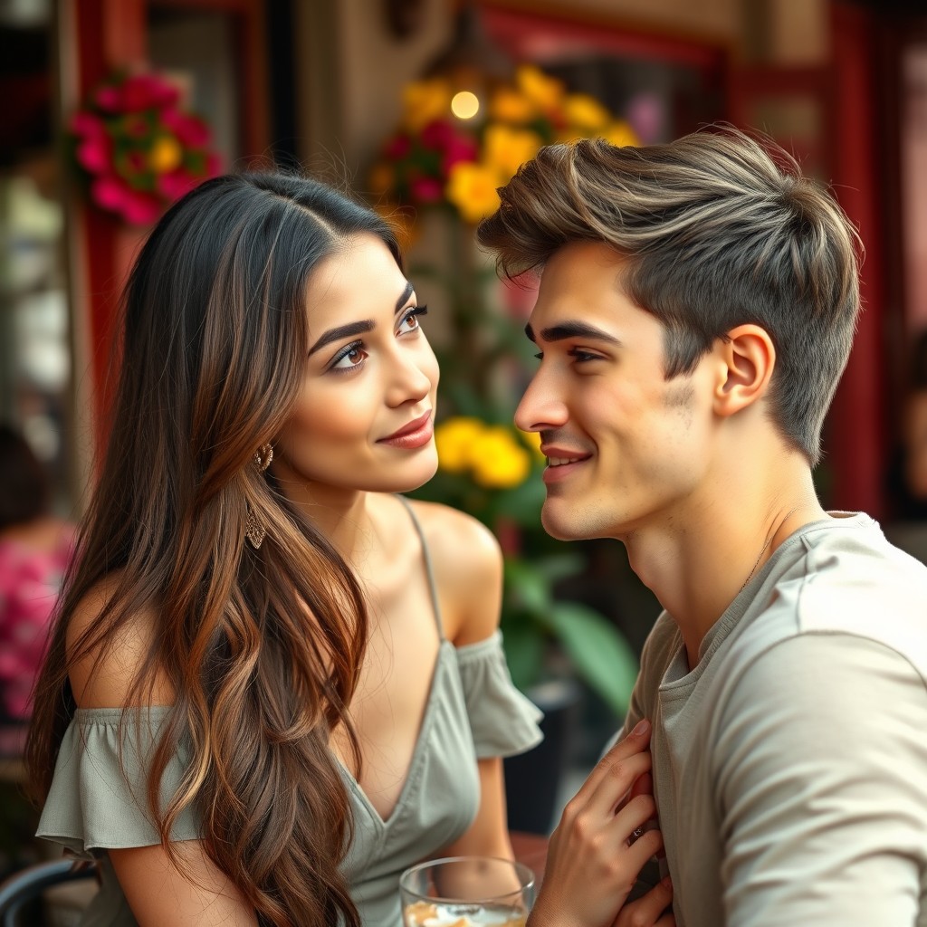 A young woman gazes intently at a young man, their expressions full of curiosity and intrigue