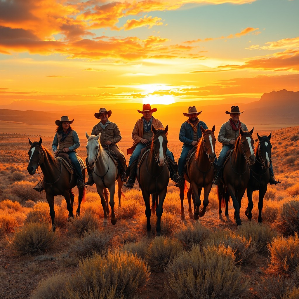 A vibrant scene inspired by the Wild West featuring five cowboys in the foreground, each riding their horses with a sense of camaraderie and adventure