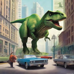 A surreal scene where dinosaurs roam in present-day urban environments. Cars halt as a T-Rex strolls down the city streets, pterodactyls soar among skyscrapers and triceratops graze in a city park.