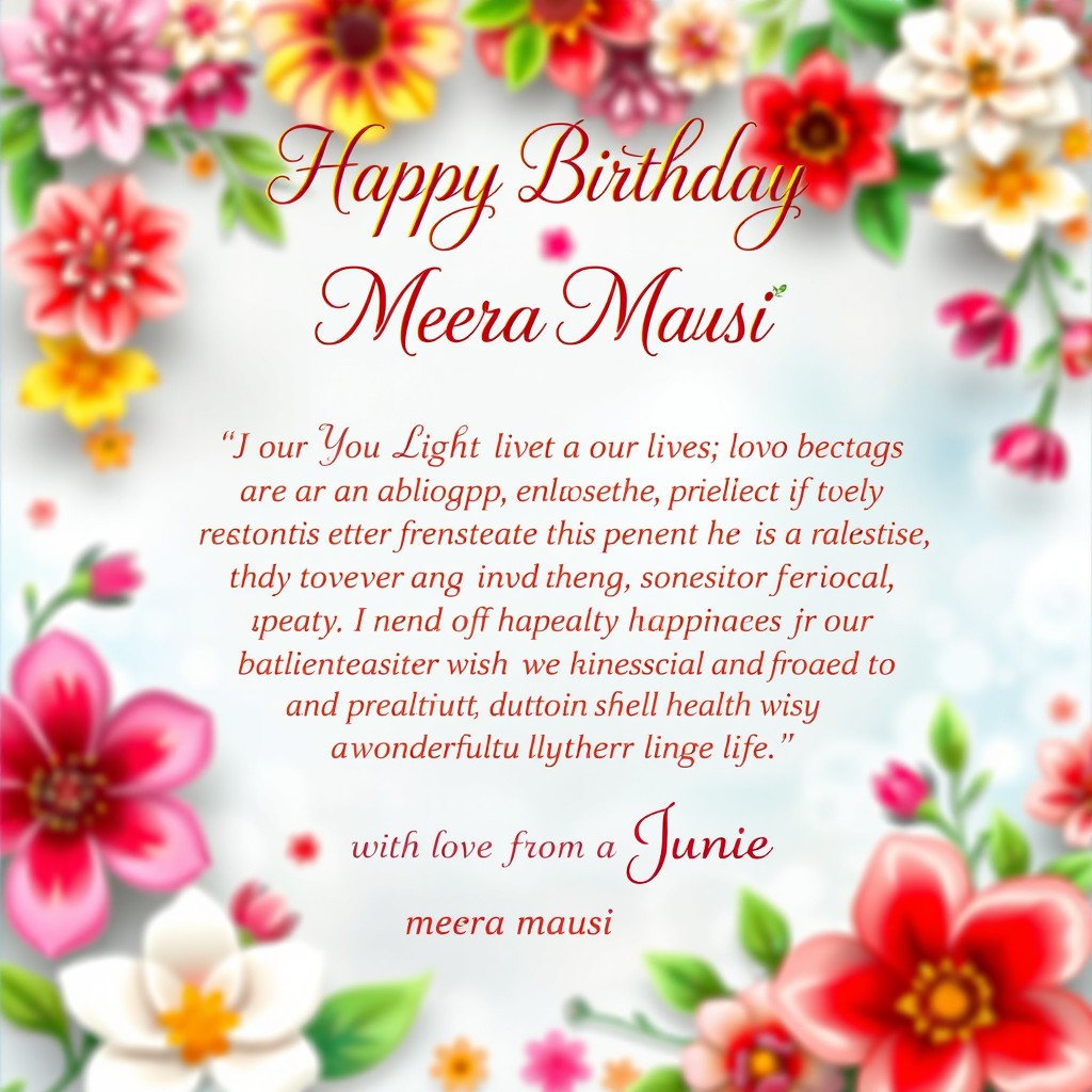 A beautiful birthday greeting card design featuring elegant calligraphy for the text "*Happy Birthday Meera Mausi*" at the top