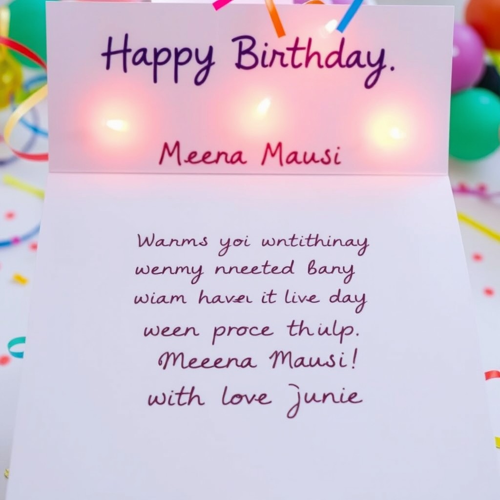 A heartfelt and cheerful Happy Birthday greeting card specifically addressed to "Meera Mausi