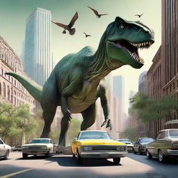 A surreal scene where dinosaurs roam in present-day urban environments. Cars halt as a T-Rex strolls down the city streets, pterodactyls soar among skyscrapers and triceratops graze in a city park.