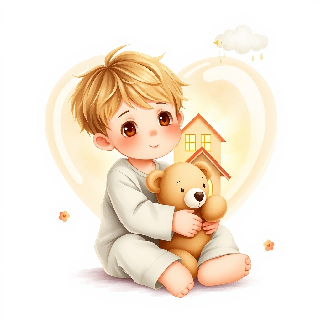 A square cover without text featuring a 7-8 year old boy with natural child proportions