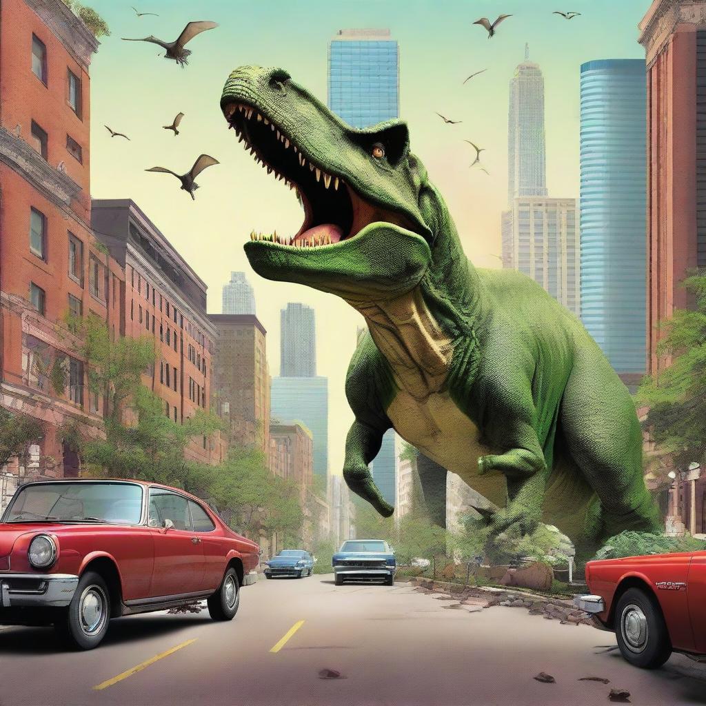 A surreal scene where dinosaurs roam in present-day urban environments. Cars halt as a T-Rex strolls down the city streets, pterodactyls soar among skyscrapers and triceratops graze in a city park.