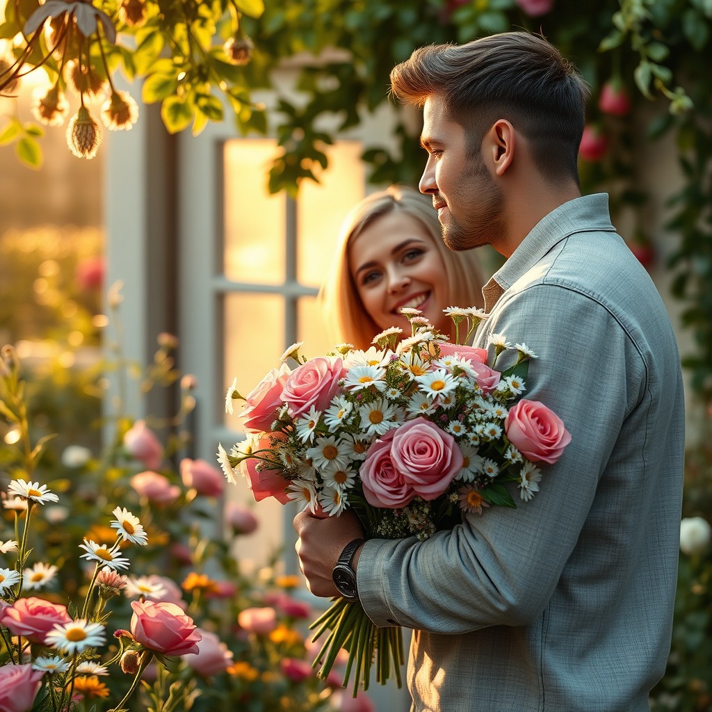 A romantic early morning scene featuring a handsome man named Jack, quietly entering a beautiful garden filled with dew-kissed flowers
