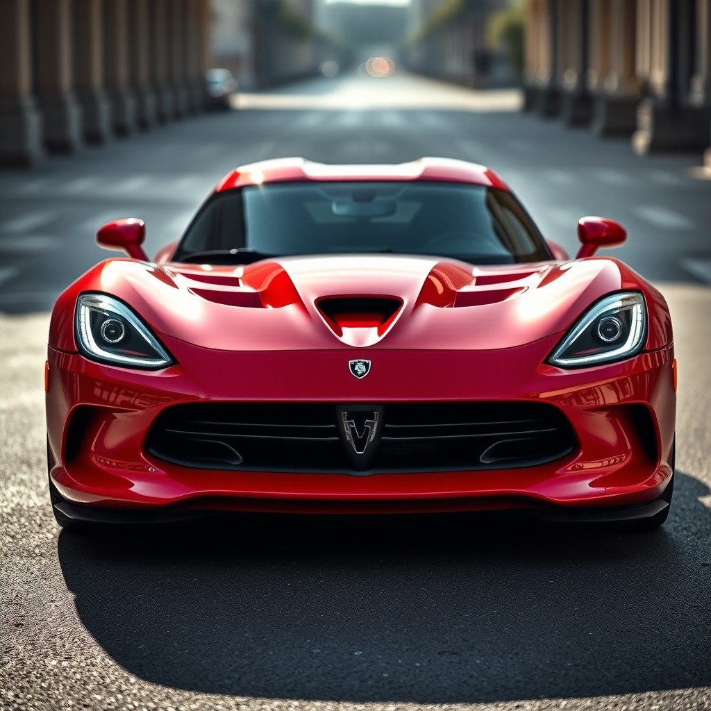 Un Dodge Viper en su formato original, enfocado desde el frente con una mirada agresiva y poderosa