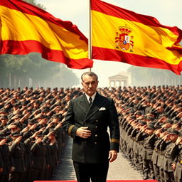 Francisco Franco in an elegant gala suit, standing proudly with a stern expression
