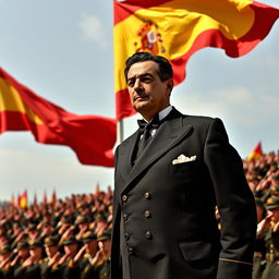 Francisco Franco in an elegant gala suit, standing proudly with a stern expression